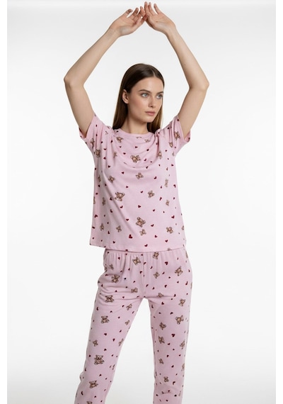 Kompedan Kadın Bisiklet Yaka Yumuşak Dokulu Ayıcık Desenli Kısa Kol Pijama Takım Pembe 70132-4603
