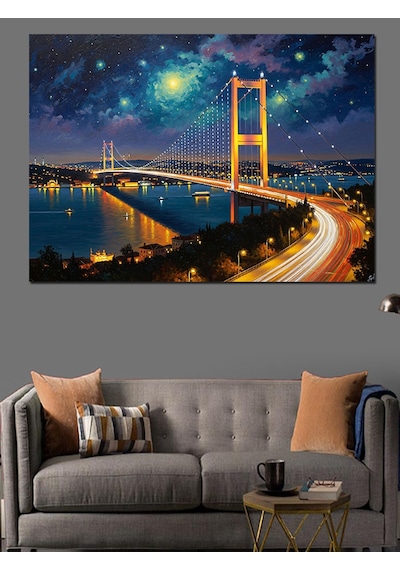 Gece Işıklarıyla İstanbul Boğaz Köprüsü Dekoratif Kanvas - Mdf Ahşap Tablo