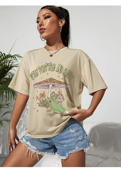 Flood Of Style Kadın Bej Stay Posıtıve And Happy Baskılı Oversize Bisiklet Yaka Tshirt