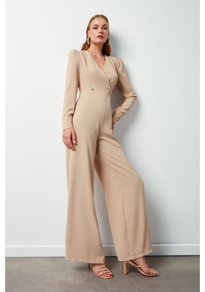 Sateen Kruvaze Süs Taşlı Krep Tulum - Bej