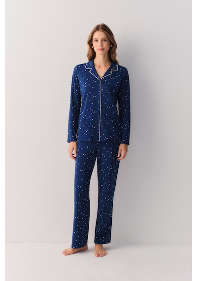 Suwen Dreaming Stars Gömlek Yaka Pamuklu Pijama Takımı Sh27401660b853 Yıldız Baskılı