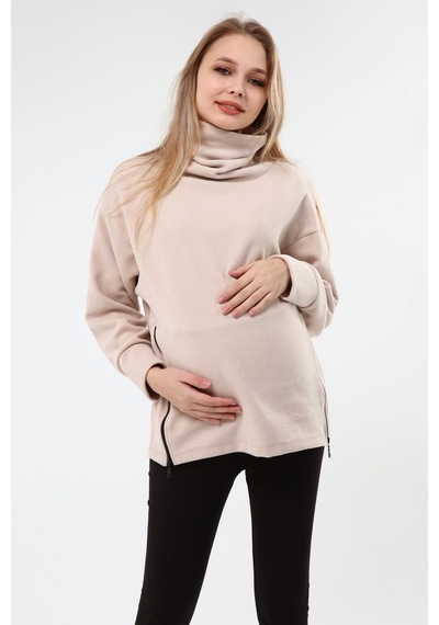 Luvmabelly Myra4283 Fermuarlı Hamile Sweatshirt -Bej