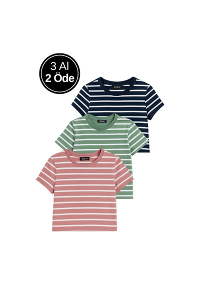 Kadın 3'lü Paket Yeşil-pembe-mavi Crop Tişört Pamuk Bisiklet Yaka T-shirt Çok Renkli