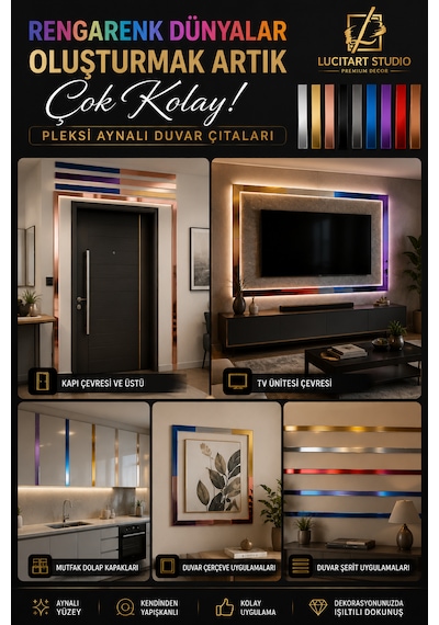 Lucitart Studio 5 Adet 5cmx120cm 1mm Kalınlığında Kendinden Yapışkanlı Pleksi Aynalı Duvar Çıtası 9 Renk Seçeneği Dekoratif Duvar, Kapı, Tv Ünitesi Ve Mobilya Çıtası Siyah