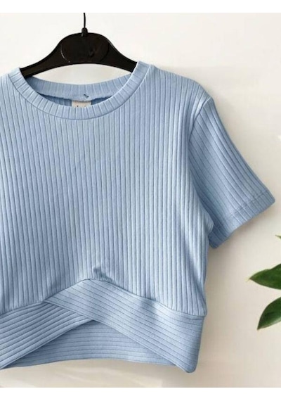 Zekids Kız Çocuk Fitilli Yarım Kol Crop T-shirt-14485 Mavi