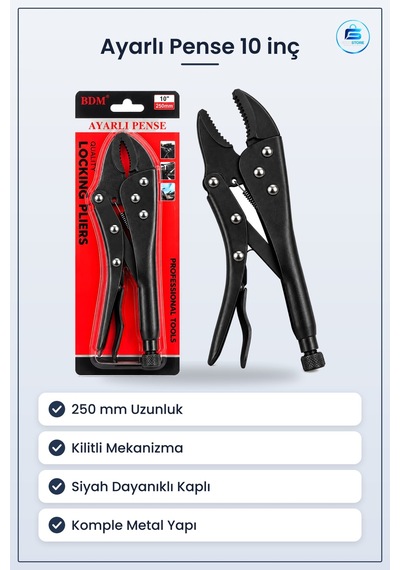Ayarlı Pense 10 İnç 250 Mm Kilitli Komple Metal Siyah Kaymaz Sap