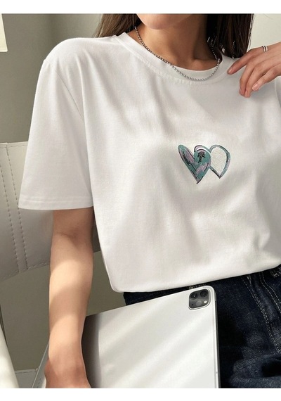 Flood Of Style Kadın Beyaz Çift Kalp Baskılı Oversize