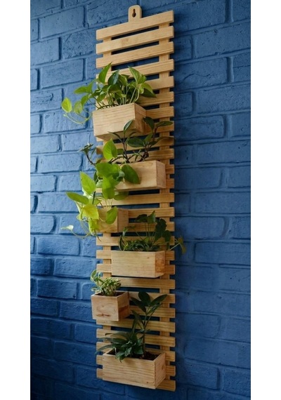Ahşap Dikey Bahçe Duvar Saksılığı 80x25 Cm- Modern Antrasit Siyah & Doğal Renk Dekoratif Çiçeklik Bej