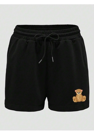 Bear Print Drawstring Waist Şort Siyah