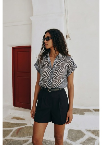 Sateen Kısa Kollu Zebra Desenli Gömlek - Siyah-137641