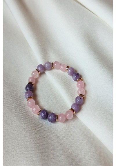 8 Mm Lepidolit, Pembe Kuvars Doğal Taş Bileklik Çok Renkli