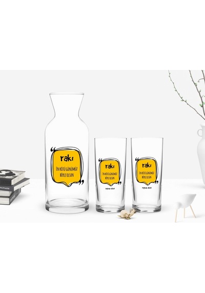 Kişiye Özel Renkli Baskılı En Kötü Günümüz Böyle Olsun Tasarımlı İkili Rakı Bardağı Ve Karaf Hediye Seti-3