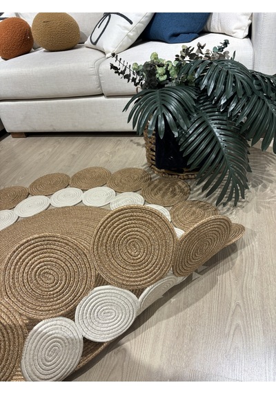 Mavaux Hasır Jüt Çiçek Desenli Kilim Halı Krem - Bej