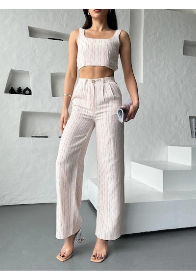 Eke Tekstil Turuncu Çizgili Crop Pantolon Keten Takım-turuncu Turuncu