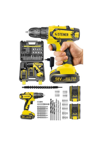 Steiner Kupfer Darbeli 58 V 5 Ah Çift Akülü Vidalama Matkap Sarı + 24 Parça Set