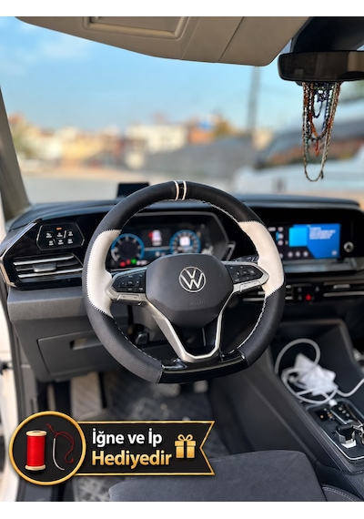 Vw Tiguan 3 Dikme Direksiyon Kılıfı Delikli Deri Parlak Siyah Bej Detay Çift Yüzük Ve Dikiş 2024-2026
