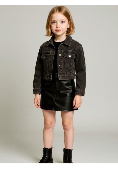 Zekids Kız Çocuk Cepli Crop Kot Ceket-16683 Siyah