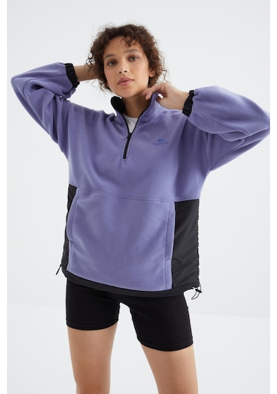 Tommy Life Açık Eflatun Yarım Fermuar Etek Ucu Büzgülü Dik Yaka Oversize Kadın Polar Sweatshirt - 97236 Eflatun
