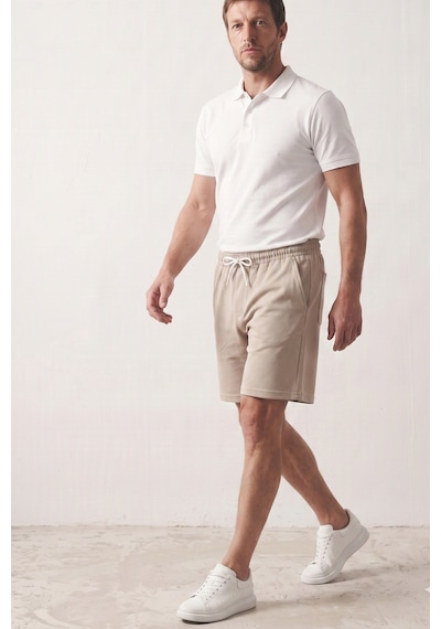 Elemge Erkek Bej Pike Dokulu Kumaş Rahat Kalıp Beli İpli Şort Günlük Basic Regular Fit Cepli Normal Bel Esnek Bermuda