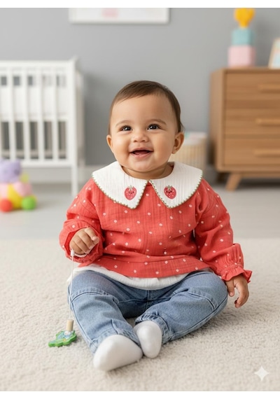 Alpbebe Çilek Yakalı Müslin Gömlekli Kot Pantolonlu 2'li Takım Nar Çiçeği