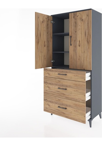 Hyperion Dolap 3 Raflı 3 Çekmeceli 2 Kapaklı 88x44x195 Antrasit-çam Antrasit
