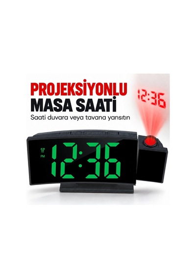 Valkyrie Projeksiyonlu Dijital Masa Saati Yeşil Led Ekranlı Alarm Snooze Sıcaklık Tarih Usb Ve Pil Siyah