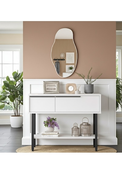 Robin Home Antre Hol Salon Aynalı Dresuar Kapaklı Metal Ayaklı No1 Beyaz Beyaz