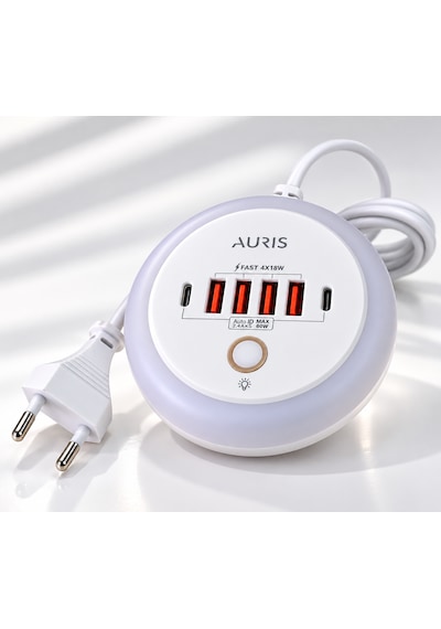 Auris Ars-ch80 40w 2x Type-c + 4x Usb Çoklu Şarj Istasyonu One Touch Işıklı Hızlı Şarj Adaptörü