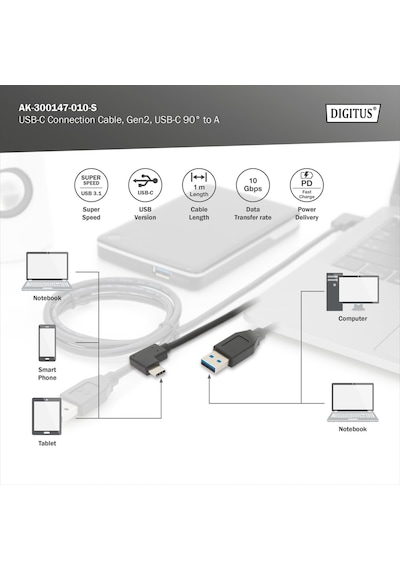 Ak-300147-010-s Usb 3.1 Bağlantı Kablosu, C 90ø, A Ya Dirseklenmiş M/m, 1,0m, Tam Donanımlı, Ge Standart