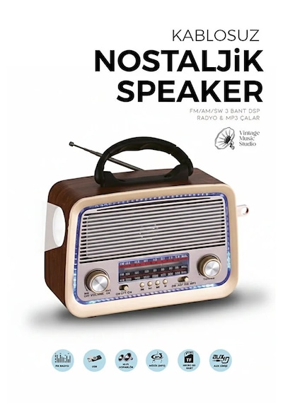 Bluetooth Nostaljik Speaker Fm/am/sw Radyo Şarj Edilebilir Aydınlatmalı Retro Hoparlör
