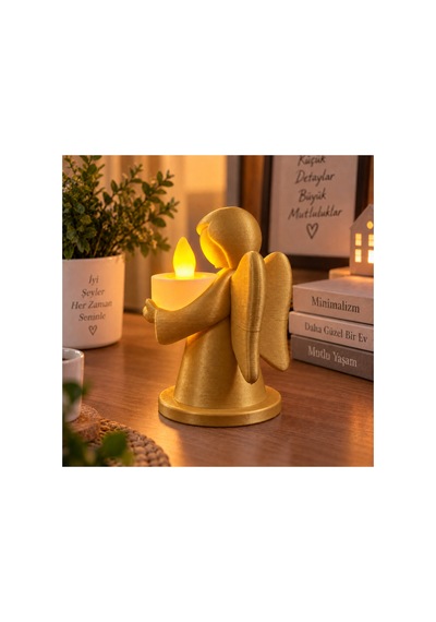 Dekoratif Melek Mumluk Led Pilli Mum Hediyeli 3d Baskı Masa Ve Ev Dekoru 10x8 Cm - Gold Açık