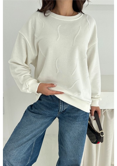 Femelle Kadın Beyaz Boncuk İşlemeli %100 Pamuk Sweatshirt