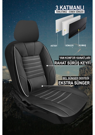 Stone Üniversal Deri Oto Koltuk Kılıfı - Bel Destekli - 5 Koltuk Tam Set Beyaz