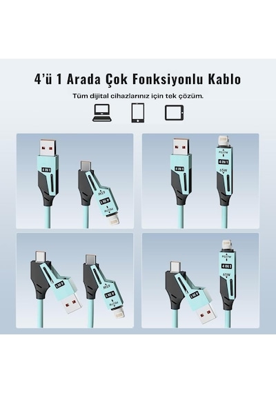 0860 Usb Type-c Lightning 4'ü 1 Arada 65w Pd Hızlı Şarj Data Kablosu 1.5m Spiral Çevirici Akıll Standart