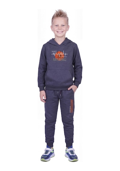 Fyk Kids Kanguru Cepli Kapüşonlu Basketbol Baskı Detaylı Erkek Çocuk Eşofman Takımı Füme