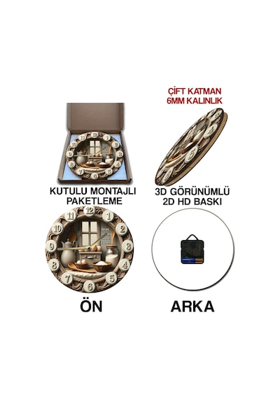 Sessiz Yuvarlak Ahşap Duvar Saati, Kuvars Hareketli 3d Görünümlü 2d Saat Mutfak Serisi Renkli