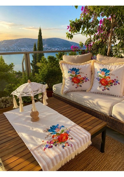 Missidea Naturel Ledsiz Dekaratif Bali Şemsiyesi Ve Vintage Çiçek Desenli Seti Ledsiz Şemsiye+runner Ve 2'li Kırlent Kılıfı Krem
