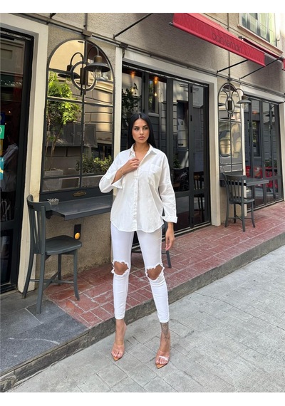 WeShaya Beyaz Oversize Akrilik Pamuk Cepli Gömlek Beyaz