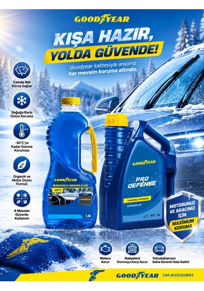 Goodyear Goodyear Kış Antifriz Seti Mavi Organik 4 Mevsim Antifriz -36 C 3 L + Kış Antifrizli Cam Suyu 1,8 L
