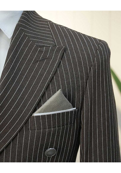 Bys Beystil Sivri Yaka Kahverengi Çizgili Kruvaze Takım Elbise Bezayak - Slim Fit
