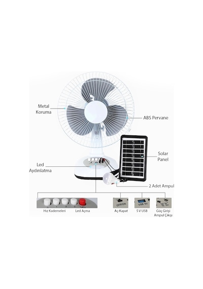 Powermaster Pm-22009 3 Kademeli Şarjlı - Solarlı Fan Vantilatör Ampul - Ledli - Powerbank