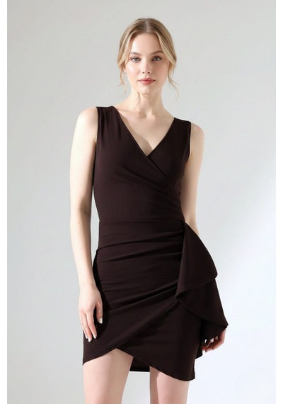 Defymoda Kadın Volanlı Mini Modern Tasarım Elbise Kahverengi