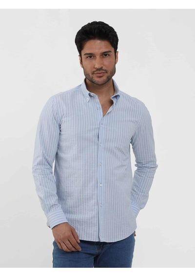 Dufy Mavi Erkek Slim Fit Çizgili Düğmeli Yaka Uzun Kol Gömlek - 104900-mavi Mavi