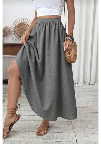 Defymoda Kadın Beli Lastikli Paraşüt Kumaş Etek Gri