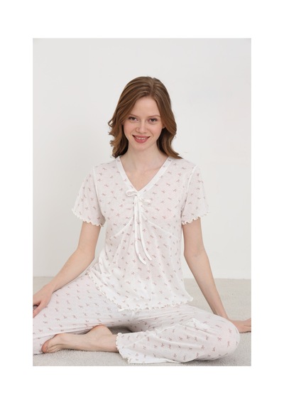 Elitol Jakarlı Viskon Bağlamalı Kadın Pijama Takımı Desenli-8