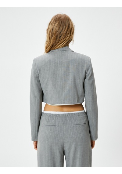 Koton Crop Blazer Ceket Fleto Cepli Viskon Karışımlı Gri Çizgili 4sak50128uw Gri