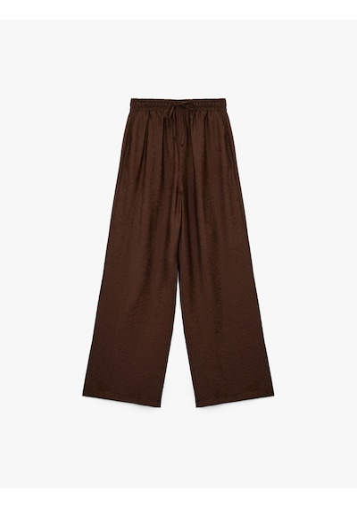 Koton Modal Kumaş Cepli Beli Lastikli Bağlamalı Floral Dokulu Geniş Paça Pantolon Kahverengi 6wak40102pw Kahve