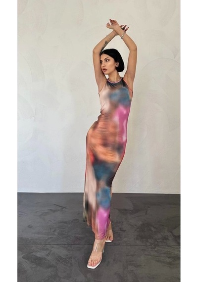Defymoda Bej Batik Desenli Elbise Bej