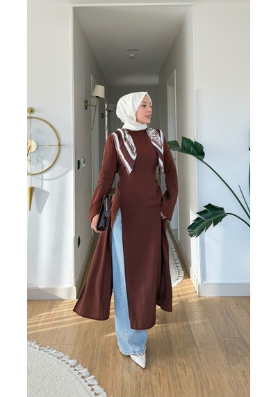 Esra Butik78 İnce Modal Kumaş Parçalı Arkadan Bağlama Detaylı Tunik Kahverengi, Bebe Mavisi & Bej 130 Cm Mavi