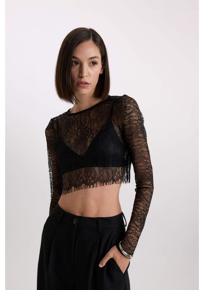 DeFacto Crop Bisiklet Yaka Dantel Uzun Kollu Bluz E0210AX24AUBK81 Siyah